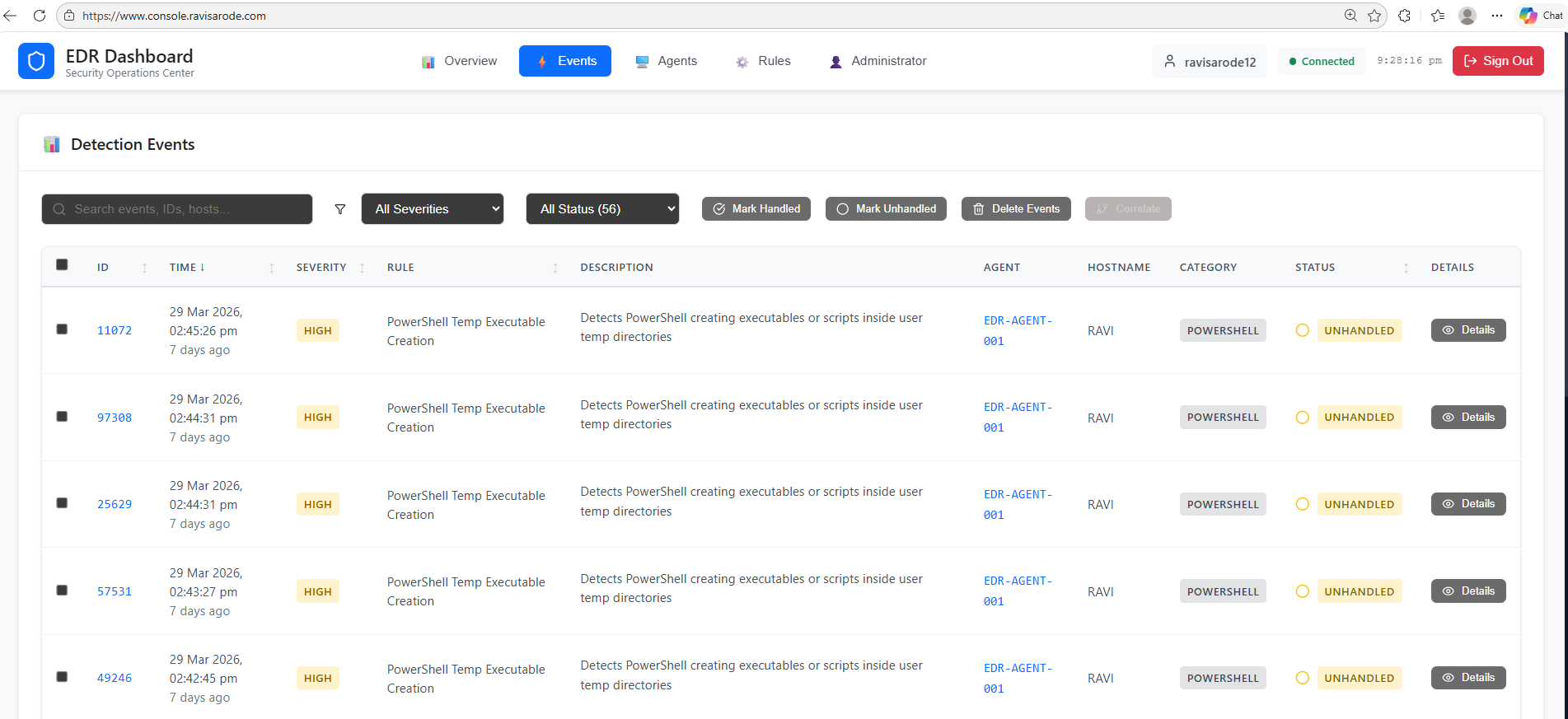 EDR React dashboard with alerts